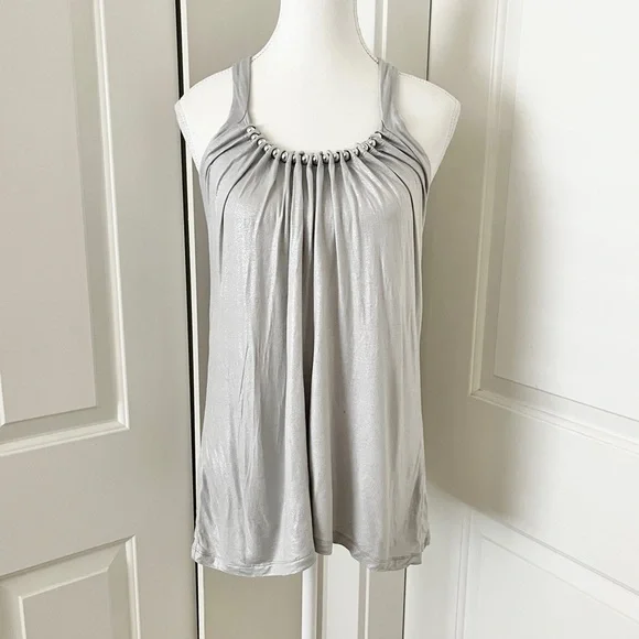French Connection Mod Silver Halter Glam Boho Blouse w/ Beaded Detail – Medium - Picture 1 of 11